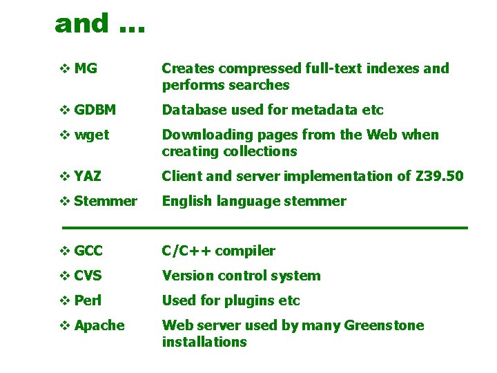 and … v MG Creates compressed full-text indexes and performs searches v GDBM Database