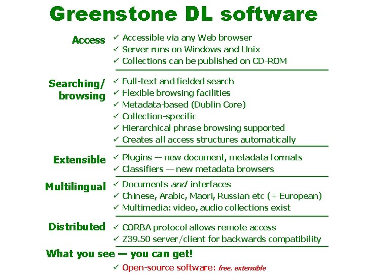 Greenstone DL software Access ü Accessible via any Web browser ü Server runs on