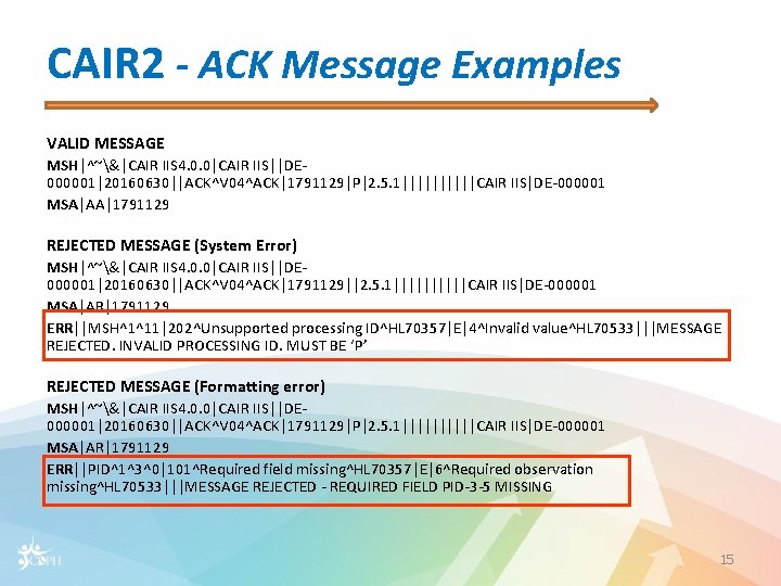 CAIR 2 - ACK Message Examples VALID MESSAGE MSH|^~&|CAIR IIS 4. 0. 0|CAIR IIS||DE