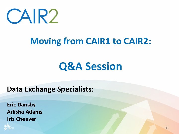 Moving from CAIR 1 to CAIR 2: Q&A Session Data Exchange Specialists: Eric Dansby