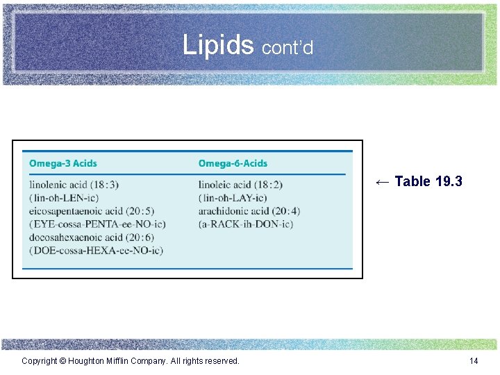 Lipids cont’d ← Table 19. 3 Copyright © Houghton Mifflin Company. All rights reserved.