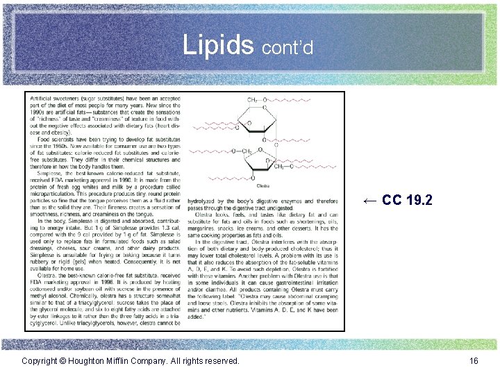 Lipids cont’d ← CC 19. 2 Copyright © Houghton Mifflin Company. All rights reserved.