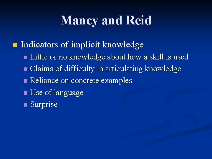 Mancy and Reid n Indicators of implicit knowledge Little or no knowledge about how