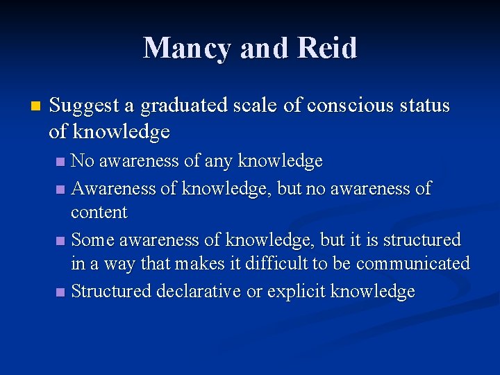 Mancy and Reid n Suggest a graduated scale of conscious status of knowledge No