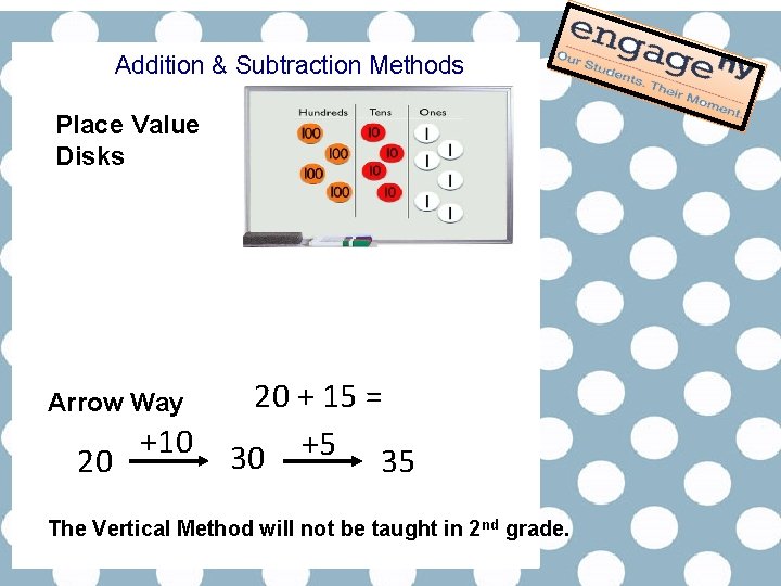 Addition & Subtraction Methods Place Value Disks Arrow Way 20 +10 20 + 15