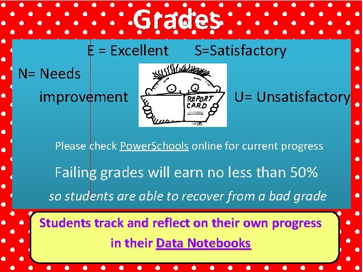  Grades E = Excellent S=Satisfactory N= Needs improvement U= Unsatisfactory Please check Power.