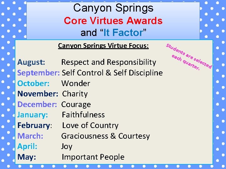 Canyon Springs Core Virtues Awards and “It Factor” Canyon Springs Virtue Focus: August: Respect