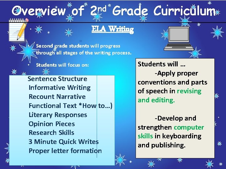 Overview of 2 nd Grade Curriculum ELA Writing • Second grade students will progress