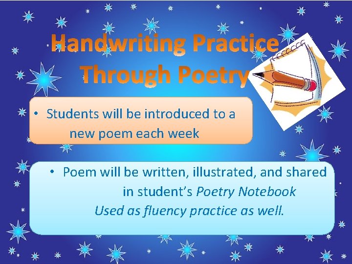  • Students will be introduced to a new poem each week • Poem