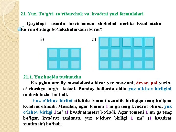 21. Yuz. To‘g‘ri to‘rtburchak va kvadrat yuzi formulalari Quyidagi rasmda tasvirlangan shokolad nechta kvadratcha