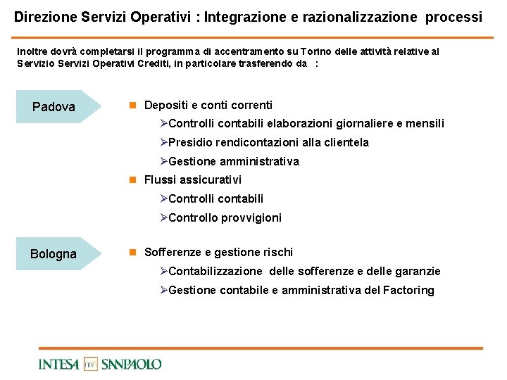 Direzione Servizi Operativi : Integrazione e razionalizzazione processi Inoltre dovrà completarsi il programma di