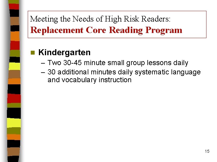 Meeting the Needs of High Risk Readers: Replacement Core Reading Program n Kindergarten –