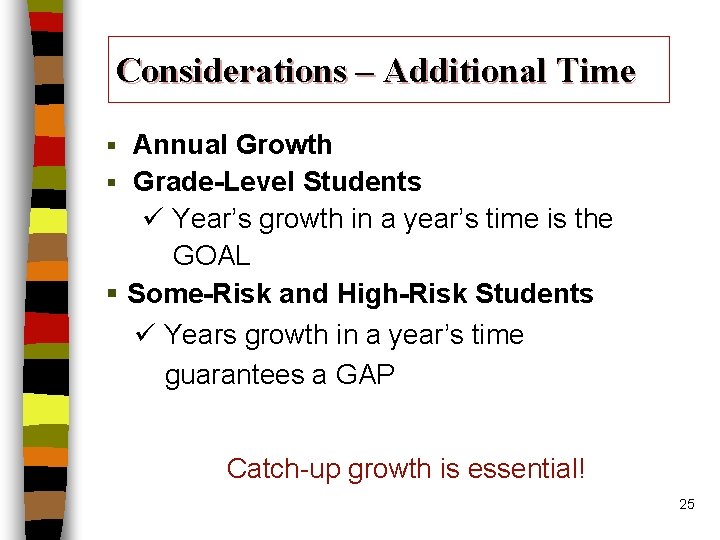 Considerations – Additional Time Annual Growth § Grade-Level Students ü Year’s growth in a