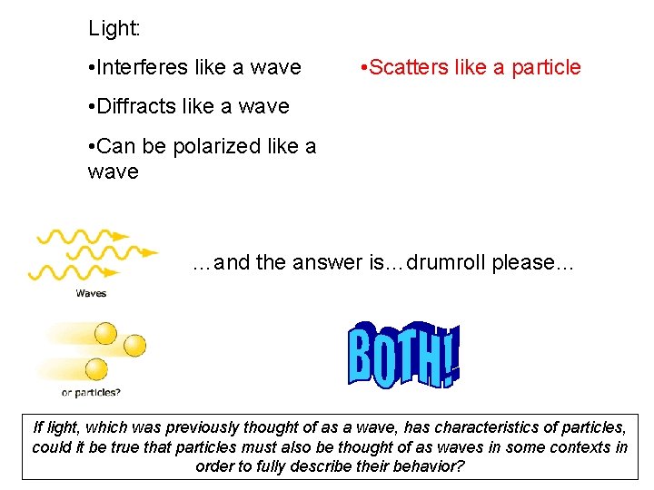 Light: • Interferes like a wave • Scatters like a particle • Diffracts like