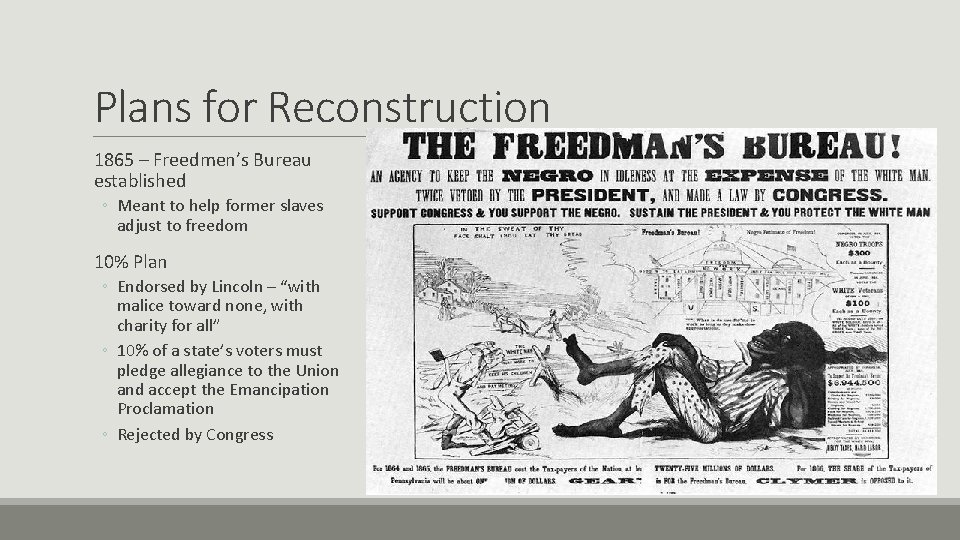 Plans for Reconstruction 1865 – Freedmen’s Bureau established ◦ Meant to help former slaves Plans for Reconstruction 1865 – Freedmen’s Bureau established ◦ Meant to help former slaves