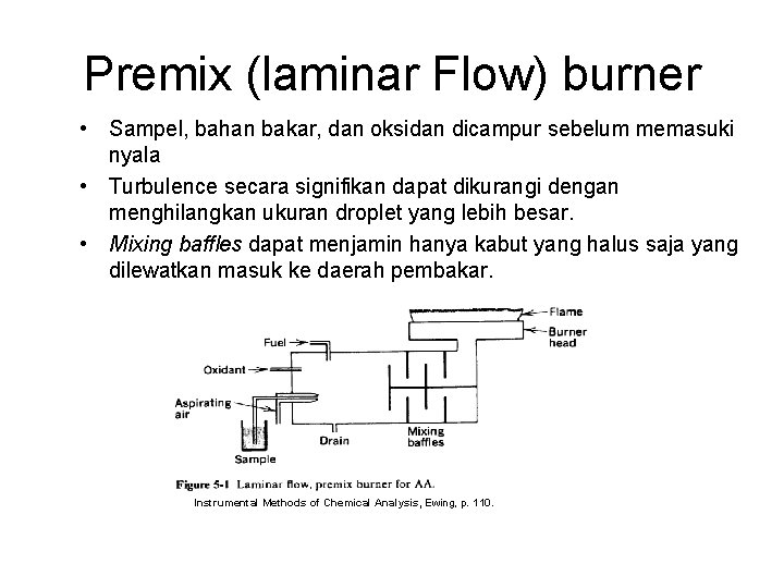 Premix (laminar Flow) burner • Sampel, bahan bakar, dan oksidan dicampur sebelum memasuki nyala