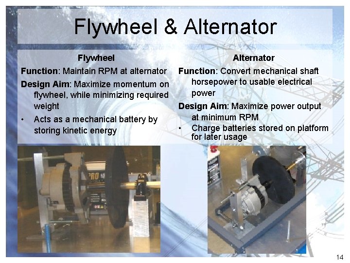 Flywheel & Alternator Flywheel Function: Maintain RPM at alternator Design Aim: Maximize momentum on