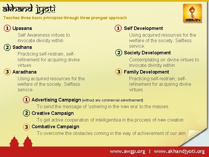 Teaches three basic principles through three pronged approach Upasana Self Awareness virtues to invocate