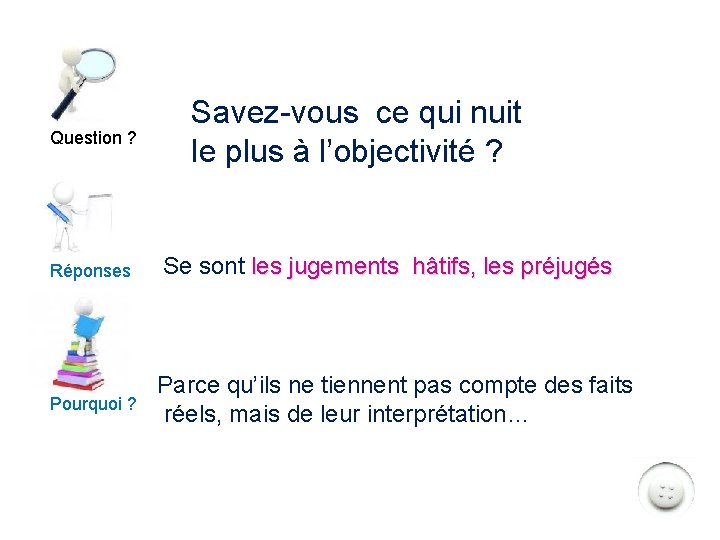 Question ? Réponses Pourquoi ? Savez-vous ce qui nuit le plus à l’objectivité ?