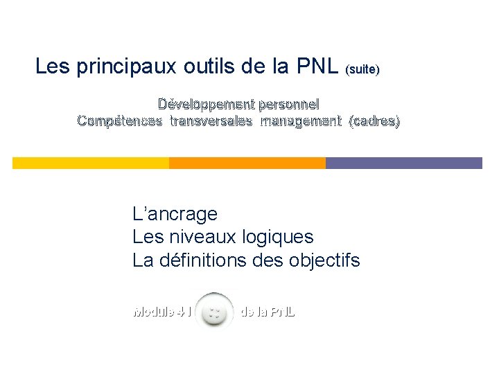 Les principaux outils de la PNL (suite) Développement personnel Compétences transversales management (cadres) L’ancrage
