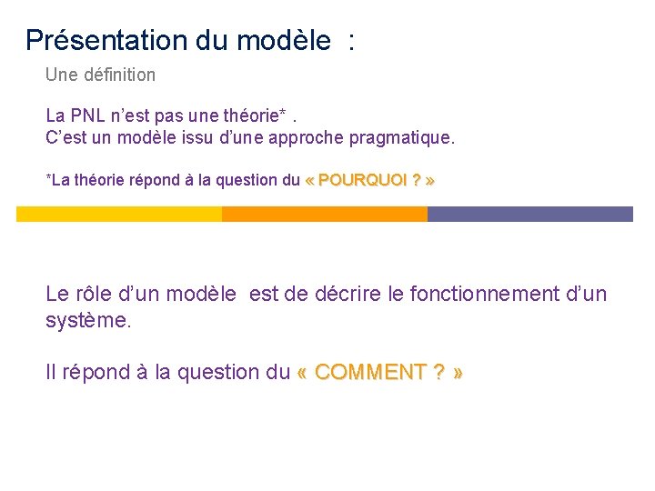 Présentation du modèle : Une définition La PNL n’est pas une théorie*. C’est un