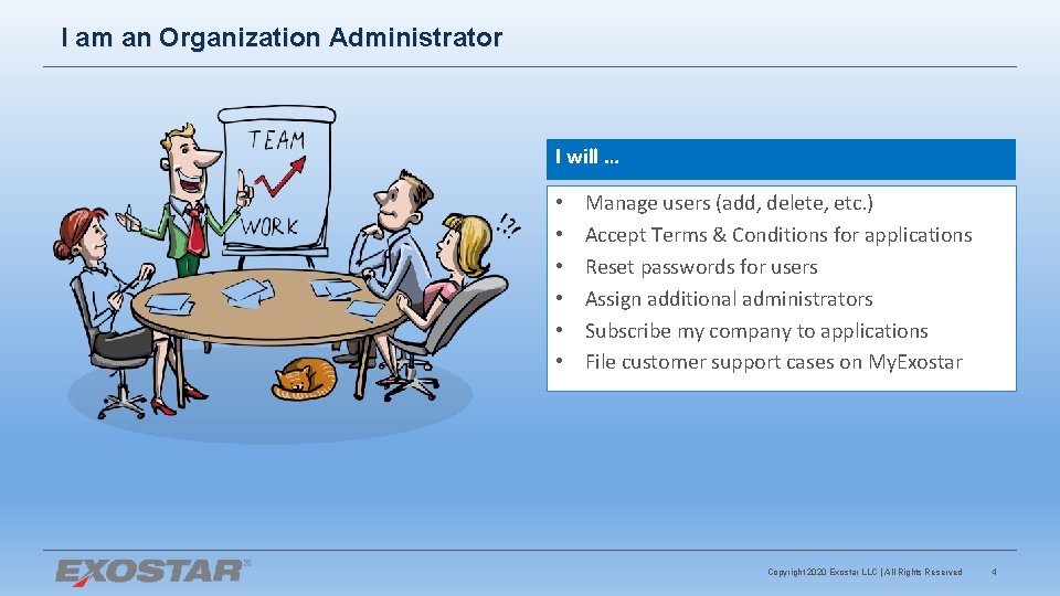 I am an Organization Administrator I will … • • • Manage users (add,