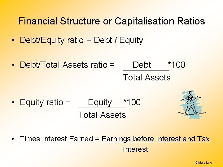 Financial Structure or Capitalisation Ratios • Debt/Equity ratio = Debt / Equity • Debt/Total Financial Structure or Capitalisation Ratios • Debt/Equity ratio = Debt / Equity • Debt/Total