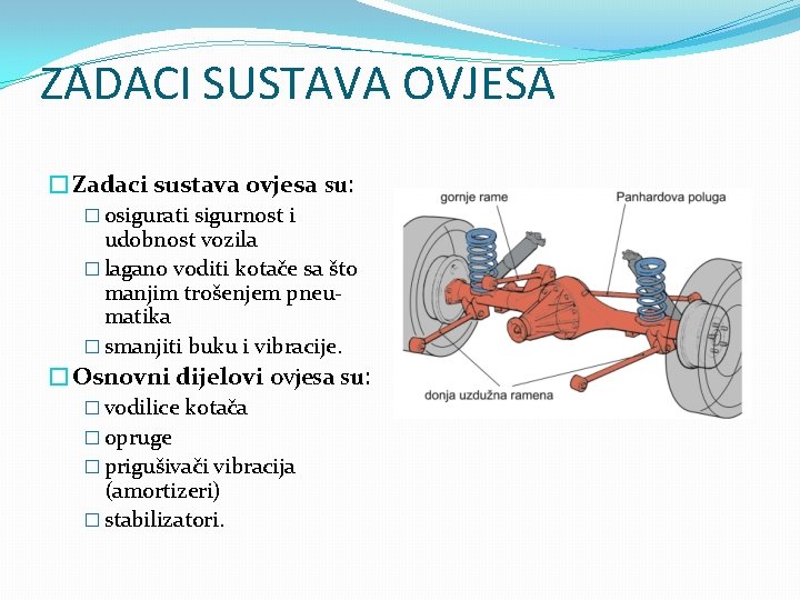 ZADACI SUSTAVA OVJESA �Zadaci sustava ovjesa su: � osigurati sigurnost i udobnost vozila �