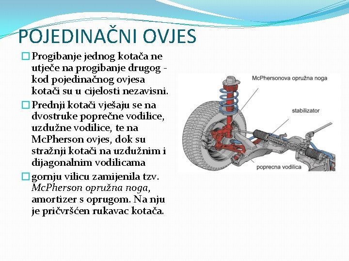 POJEDINAČNI OVJES �Progibanje jednog kotača ne utječe na progibanje drugog kod pojedinačnog ovjesa kotači