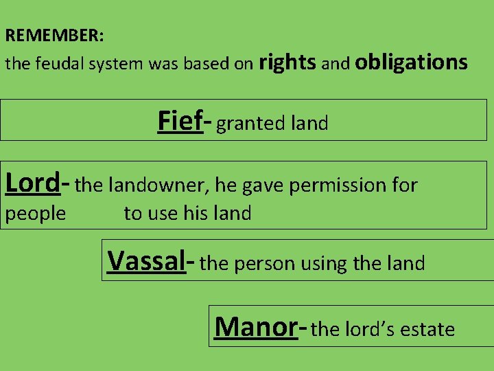 REMEMBER: the feudal system was based on rights and obligations Fief- granted land Lord-