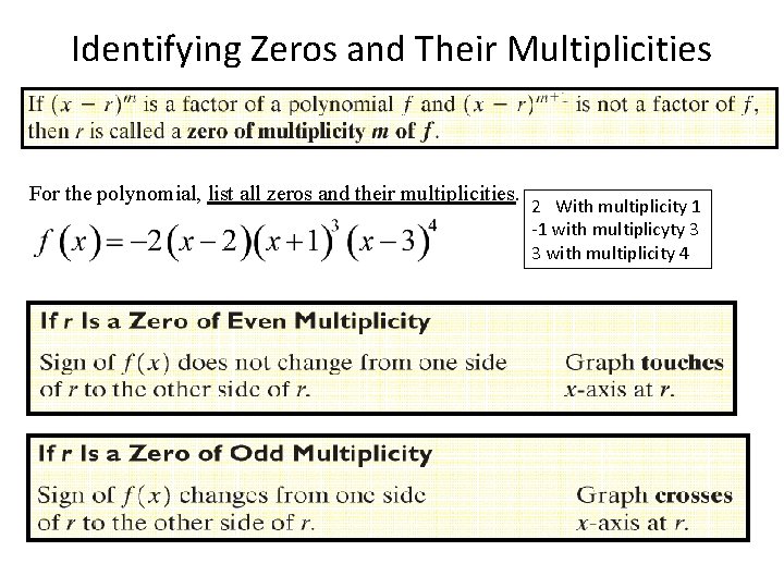Identifying Zeros and Their Multiplicities For the polynomial, list all zeros and their multiplicities.