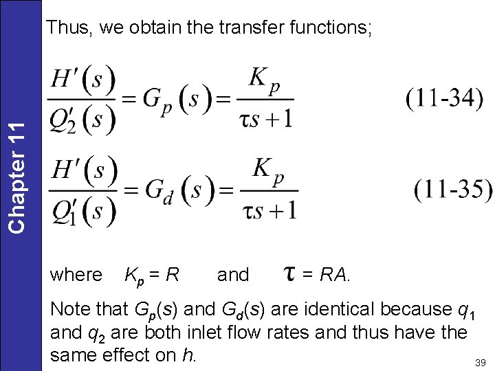 Chapter 11 Thus, we obtain the transfer functions; where Kp = R and =