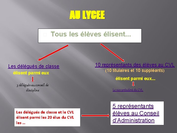 AU LYCEE Tous les élèves élisent. . . Les délégués de classe élisent parmi