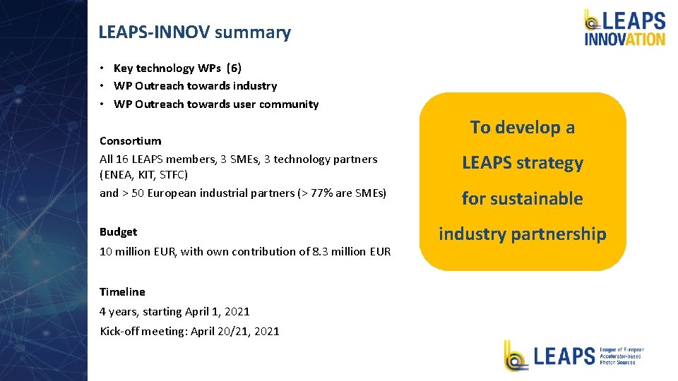LEAPS-INNOV summary • Key technology WPs (6) • WP Outreach towards industry • WP LEAPS-INNOV summary • Key technology WPs (6) • WP Outreach towards industry • WP