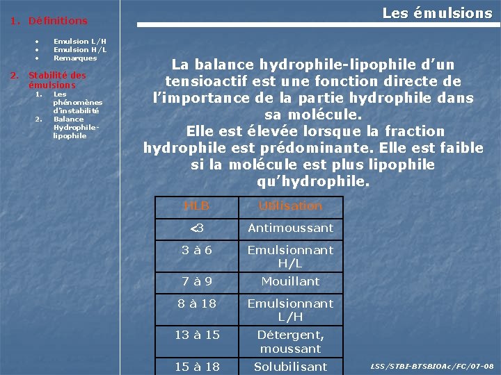 Les émulsions 1. Définitions • • • 2. Emulsion L/H Emulsion H/L Remarques Stabilité