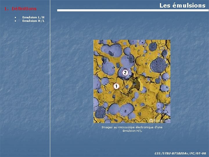 1. Définitions • • Les émulsions Emulsion L/H Emulsion H/L Images au microscope électronique