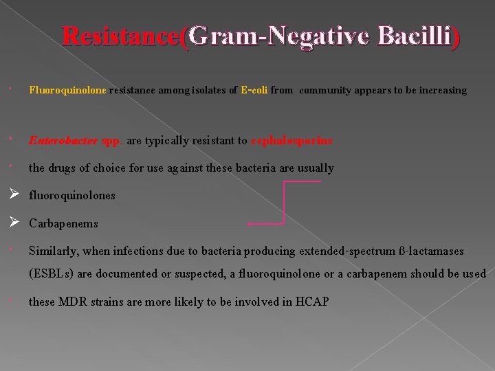 Resistance(Gram-Negative Bacilli) Fluoroquinolone resistance among isolates of E-coli from community appears to be increasing Resistance(Gram-Negative Bacilli) Fluoroquinolone resistance among isolates of E-coli from community appears to be increasing