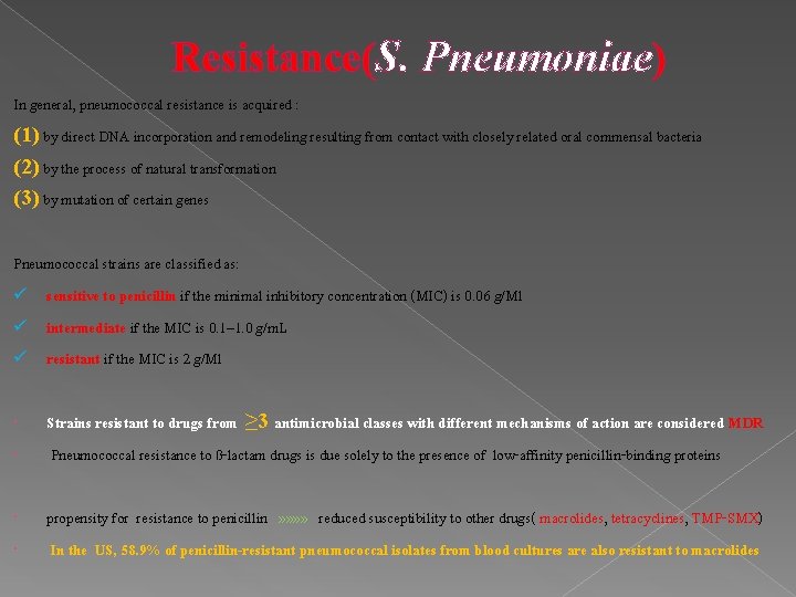 Resistance(S. Pneumoniae) In general, pneumococcal resistance is acquired : (1) by direct DNA incorporation