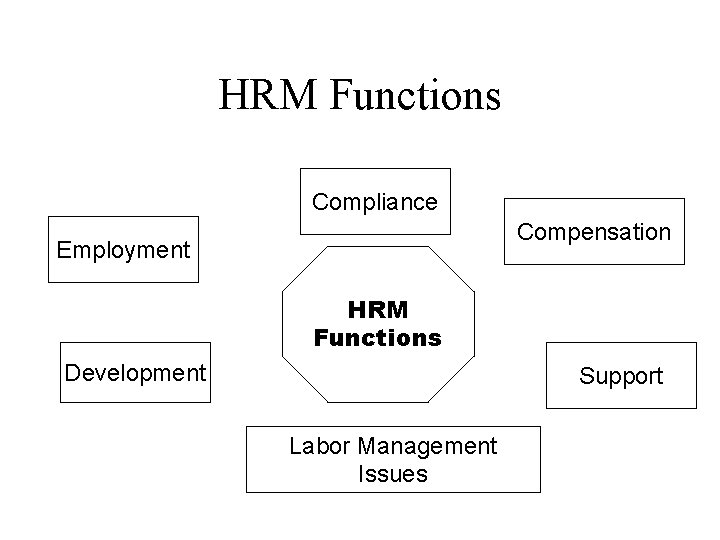 HRM Functions Compliance Compensation Employment HRM Functions Development Support Labor Management Issues 