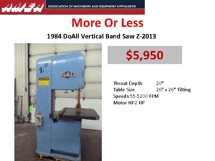 More Or Less 1984 Do. All Vertical Band Saw Z-2013 $5, 950 Throat Depth