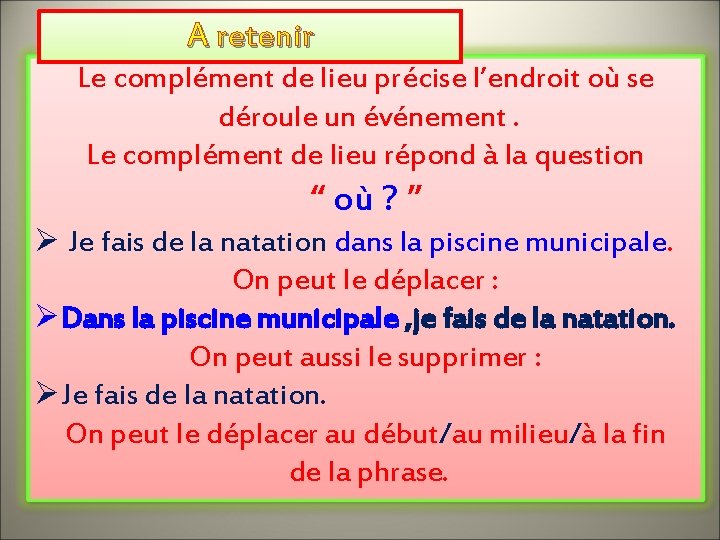 A retenir Le complément de lieu précise l’endroit où se déroule un événement. Le