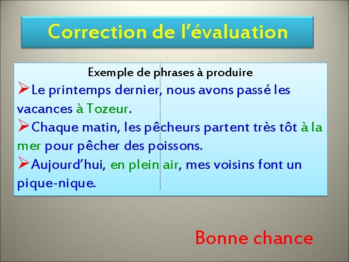 Correction de l’évaluation Exemple de phrases à produire Le printemps dernier, nous avons passé