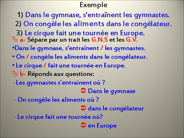 Exemple 1) Dans le gymnase, s'entraînent les gymnastes. 2) On congèle les aliments dans