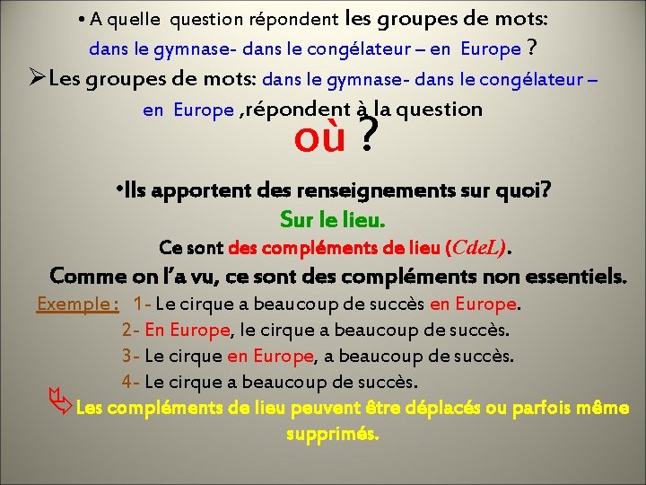  • A quelle question répondent les groupes de mots: dans le gymnase- dans