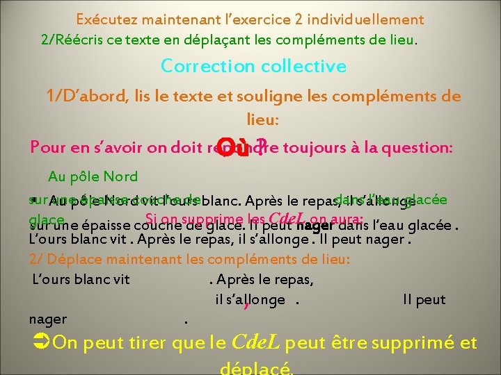 Exécutez maintenant l’exercice 2 individuellement 2/Réécris ce texte en déplaçant les compléments de lieu.