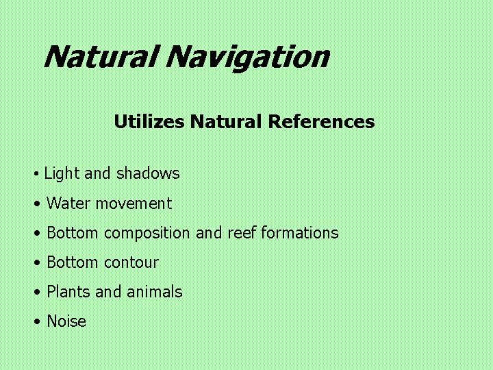 Natural Navigation Utilizes Natural References • Light and shadows • Water movement • Bottom