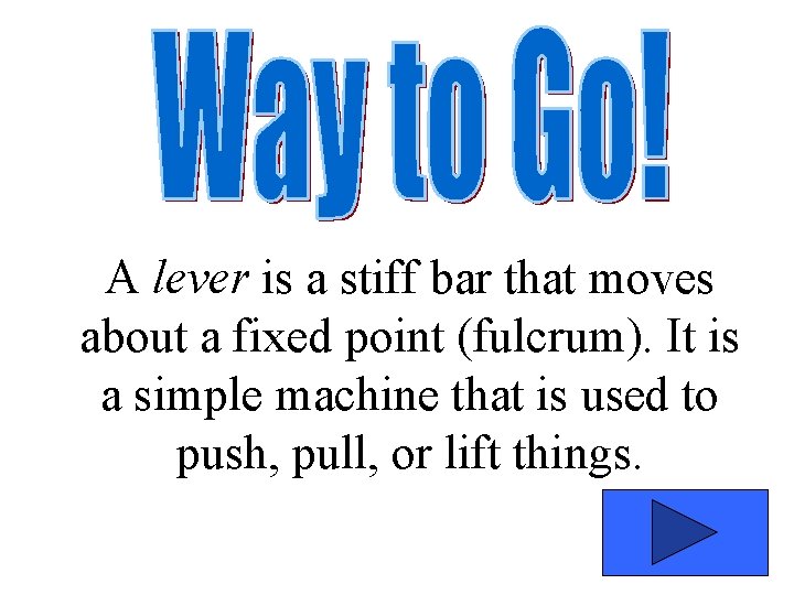 A lever is a stiff bar that moves about a fixed point (fulcrum). It