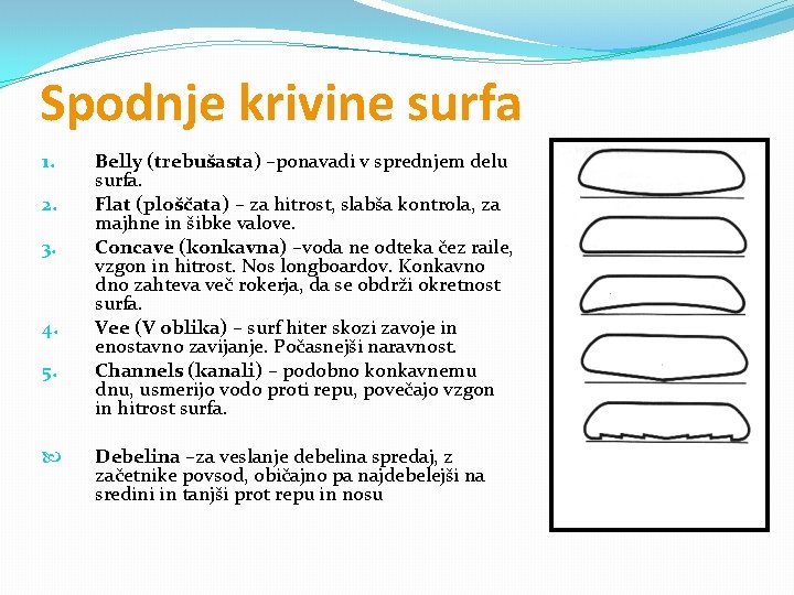 Spodnje krivine surfa 1. 2. 3. 4. 5. Belly (trebušasta) –ponavadi v sprednjem delu