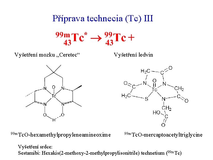 Příprava technecia (Tc) III Vyšetření mozku „Ceretec“ 99 m. Tc. O-hexamethylpropyleneamineoxime Vyšetření ledvin 99