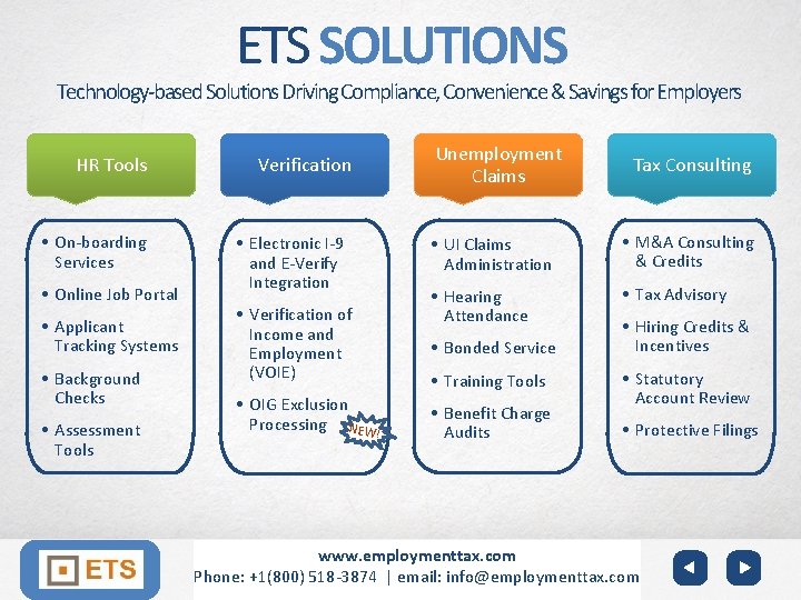 ETS SOLUTIONS Technology-based Solutions Driving Compliance, Convenience & Savings for Employers HR Tools •
